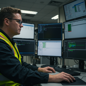 "Ingeniero técnico masculino en sala de control SCADA programando automatización industrial con pantallas múltiples, destacando servicios avanzados de programación PLC."