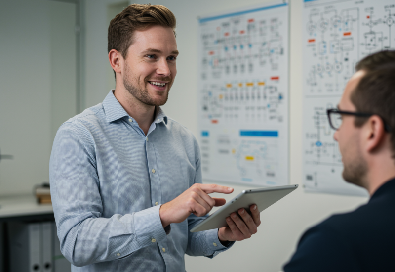 "Asesor comercial amigable en un entorno de oficina brillante, explicando información técnica clara con una tablet, destacando el soporte personalizado y el servicio postventa."