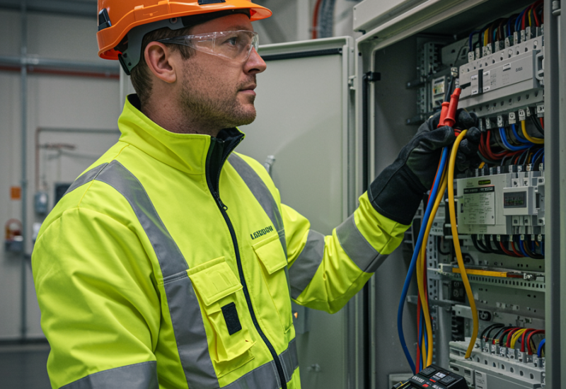 "Electricista profesional en un entorno industrial instalando un panel eléctrico avanzado con equipo de protección moderno, transmitiendo confianza y servicios eléctricos de vanguardia."