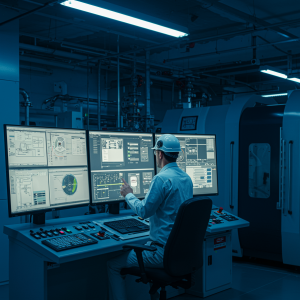 "Control de procesos industriales en una sala de control de alta tecnología con ingeniero en seguridad, pantallas táctiles panorámicas mostrando dashboards SCADA y maquinaria moderna."