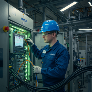 "Ilustración digital fotorrealista de un ingeniero en planta industrial moderna conectando cables eléctricos en un panel de control, destacando la automatización avanzada y la seguridad laboral."